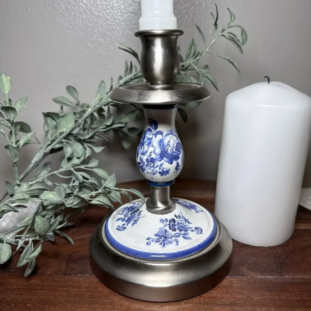 Vintage I.M. Schaffer Brooklyn Blue White Floral Ceramic Metal Candlestick MCM